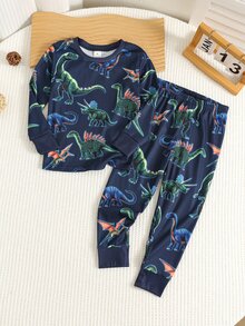 SHEIN 小男孩恐龍圖案休閒極簡修身舒適加厚長袖圓領居家褲，適合秋冬穿著 - 彩色 - 查看 5