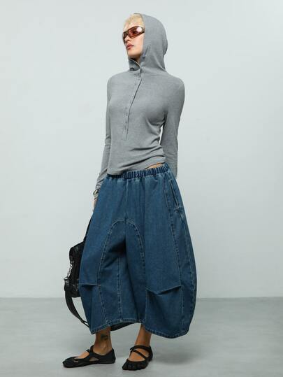 COUREZ Cropped Balloon Jeans With Knee Darts /Y2K Pants For Women Jeans Denim Pants Streetwear Casual Concert Outfit Women Fall Clothes