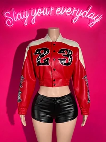 Slaydiva Jaket Varsity Pendek Wanita Warna Merah Putih Blok Kulit Imitasi Nomor 2 Nomor 3 Bordir Kancing Jepret Manset Rib Longgar Gaya Y2K Hip Hop Baseball Bomber Coat - Red and White - View 3