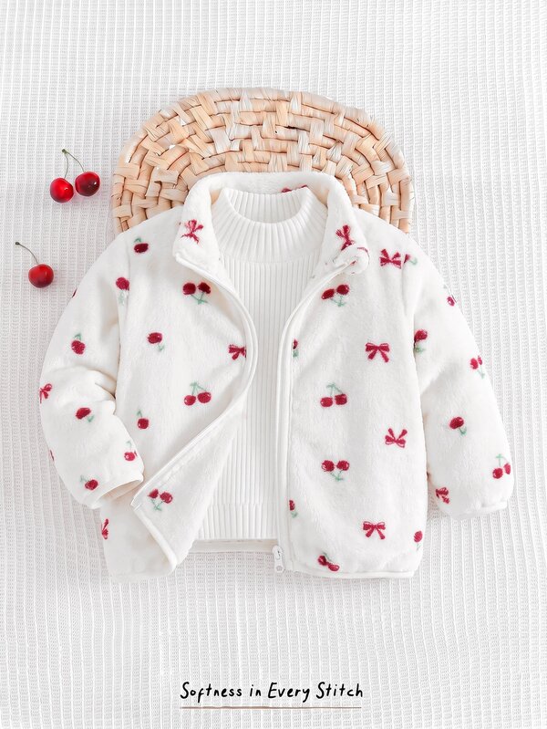 Cozy Pixies Baby meisje herfst/winter eenvoudige casual mode veelzijdige jas met lange mouwen, schattige rode kersenstrik printpatroon, fleece gevoerde dikke jas met lange mouwen en open voorkant met rits, geschikt voor dagelijks casual gebruik