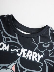TOM & JERRY X SHEIN Baby Boy Cartoon Print Short Sleeve Top And Shorts Loungewear Set - Black - View 3