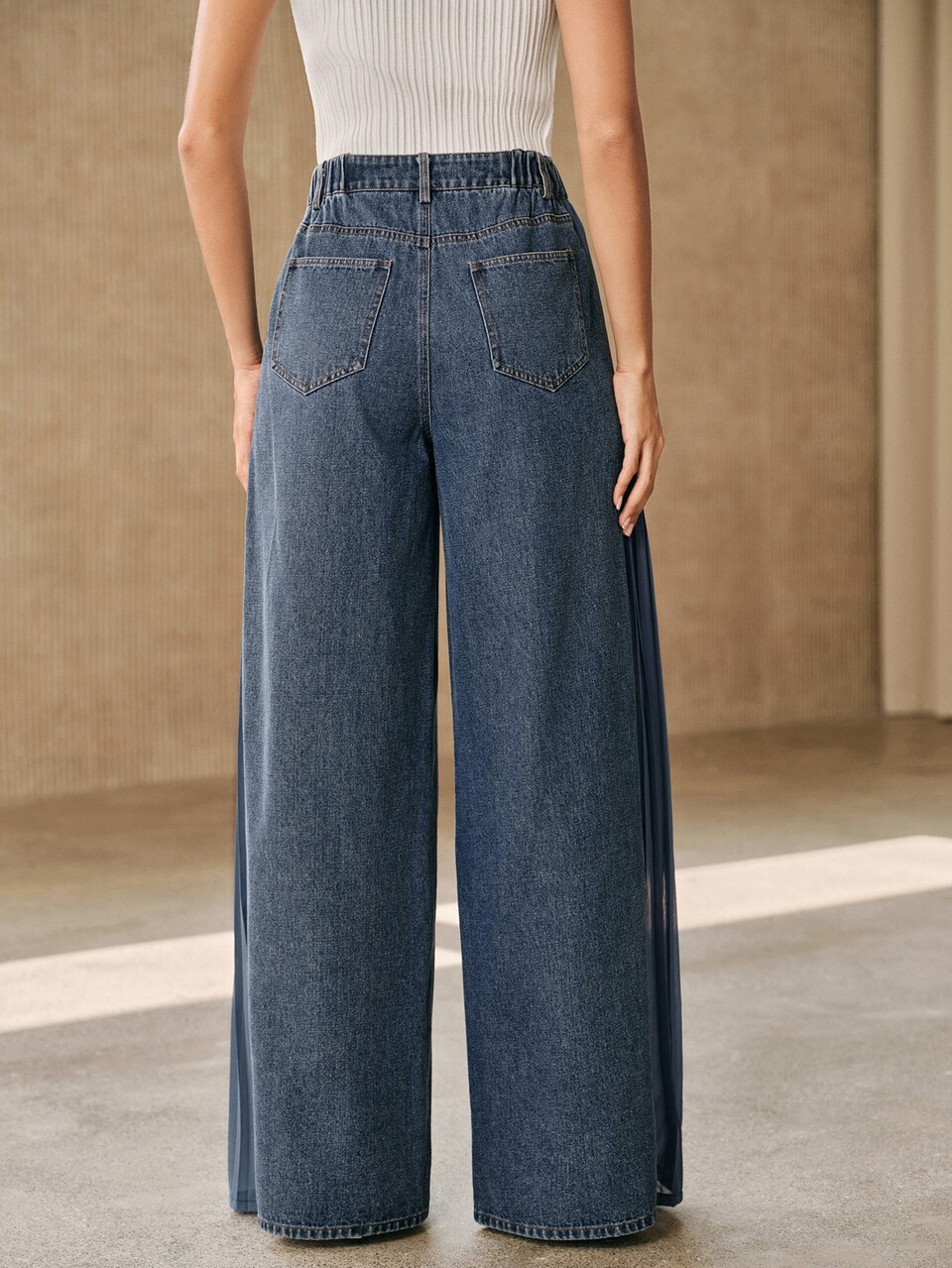 Women's Colorblock Patchwork Drapey Wide Leg Denim Jeans, Spring/Summer