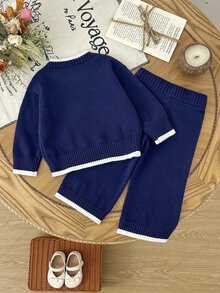 SHEIN 女嬰刺繡針織毛衣與寬腿褲2件套－可愛深藍色秋季休閒套裝，適合冬季親子穿搭 - 藏蓝色 - 查看 2