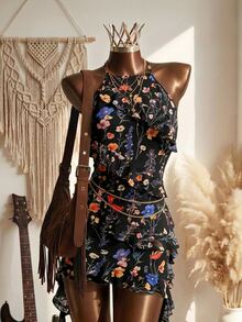 SHEIN Raffinéa 女款花卉印花休閒日常夏季旅行掛脖洋裝 - 彩色 - 查看 4