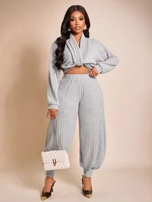 Brilight Grey Ribbed Knit 2 Pieces Loungewear Set V Neck Long Top High Waist Jogger Pants For Daily Lounge Str - Grey - View 7