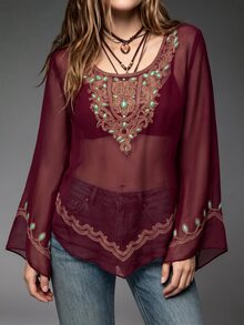 INAWLY Women's Mesh Casual Sheer Long Sleeve Top For Daily Wear - Burgundy - View 3