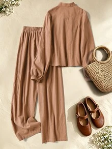 Rusticease Women's Solid Color Pleated Long Sleeve Top And Pants Casual Daily 2 Pieces Set - Brown - View 2