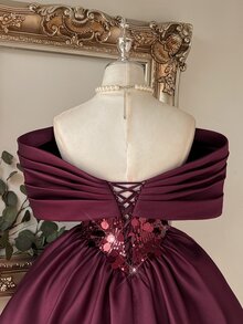 Lovelzi Elegant Romantic Fashionable Angola Red Satin Sequin Patchwork Strapless Off-Shoulder Adjustable Back Flared Short Party Dress, Wedding Guest Dress, Deep Red Dress, Bachelorette Party, Ball Gown - Burgundy - View 7
