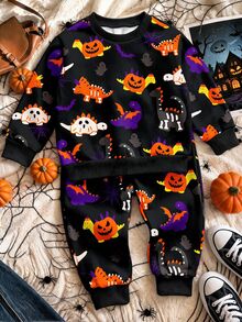 Conjunto de 2 piezas de sudadera y pantalones deportivos casuales y cómodos de manga larga para niños pequeños, adecuado para otoño/invierno, con estampado clásico de Halloween de calabaza, araña, bruja, fantasma, dinosaurio, esqueleto y murciélago, cuello redondo, de punto suave, estilo casual - Multicolor - Ver 2