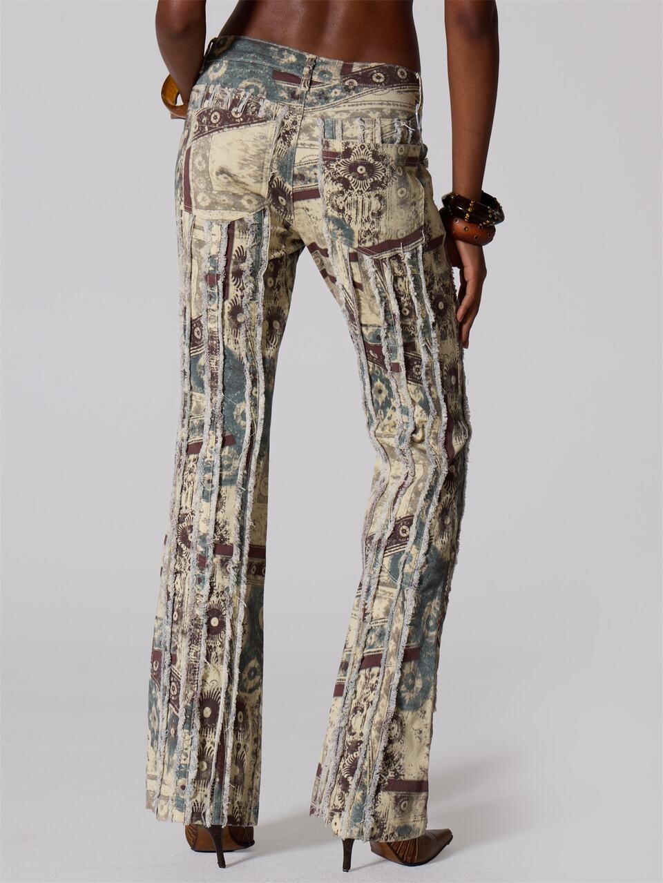 Multi Print Denim Distressed Flared Low Rise Jeans