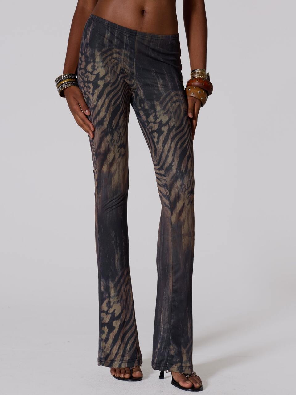 Brown Mesh Animal Print Low Rise Flare Pants
