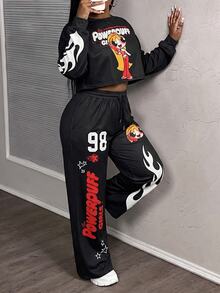 Slaydiva THE POWERPUFF GIRLS X SHEIN Plus Size Cartoon Print Top And Pants 2 Pieces Set, Suitable For Outings And Streetwear - Black - View 3