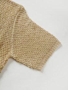 SHEIN Women Spring Summer V Neck Wrap Knit Top Ruched Side Short Sleeve Fitted Blouse Night Out Date Night Gold Sexy - Khaki - View 5
