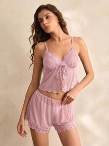 Charlaine Women's Lace Patchwork Camisole Top And Shorts Casual Daily Home Sleepwear Set - Pink - View 4