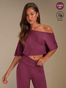 Athîral Women's Solid Color Asymmetric Collar Top & Pants Loungewear Set - Pink - View 1