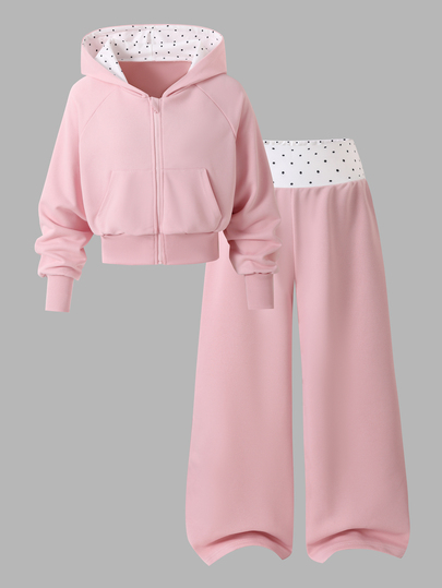 SHEIN Conjunto deportivo casual de 2 piezas para niña, sudadera con capucha rosa a lunares de tejido cepillado y pantalones largos holgados, otoño/invierno