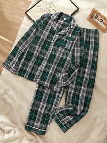 學院風復古格紋男士青少年睡衣長袖開襟衫與長褲2件套休閒舒適居家服 - 彩色 - 查看 6
