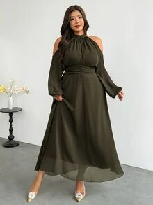 Firerie 大尺碼女款純色百褶休閒派對洋裝 - 綠色 - 查看 3