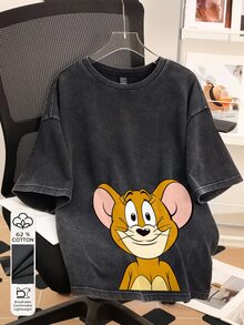 TOM & JERRY X SHEIN SHEIN EZwear 大尺碼休閒簡約卡通印花落肩T恤 - 黑色 - 查看 9