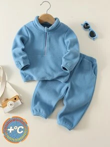 SHEIN 2件組嬰兒男孩女孩保暖內裡加厚圓領長袖半拉鍊套頭上衣＋彈性腰頭收口褲，刷毛兩件套，適合秋冬 - 藍色 - 查看 3