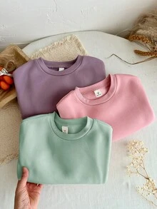SHEIN LMoss Kids 女童 3件組 針織純色圓領寬鬆休閒秋冬衛衣套裝 - 彩色 - 查看 3