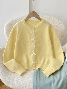SHEIN 兒童青少年女孩秋冬休閒法式優雅米色波點印花長袖對比腰帶裝飾百褶荷葉邊裙，適合秋季出遊、開學季、日常穿著 - 黃色 - 查看 1