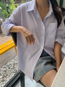 DAZY 女款條紋休閒百搭日常長袖襯衫 - 紫色 - 查看 2
