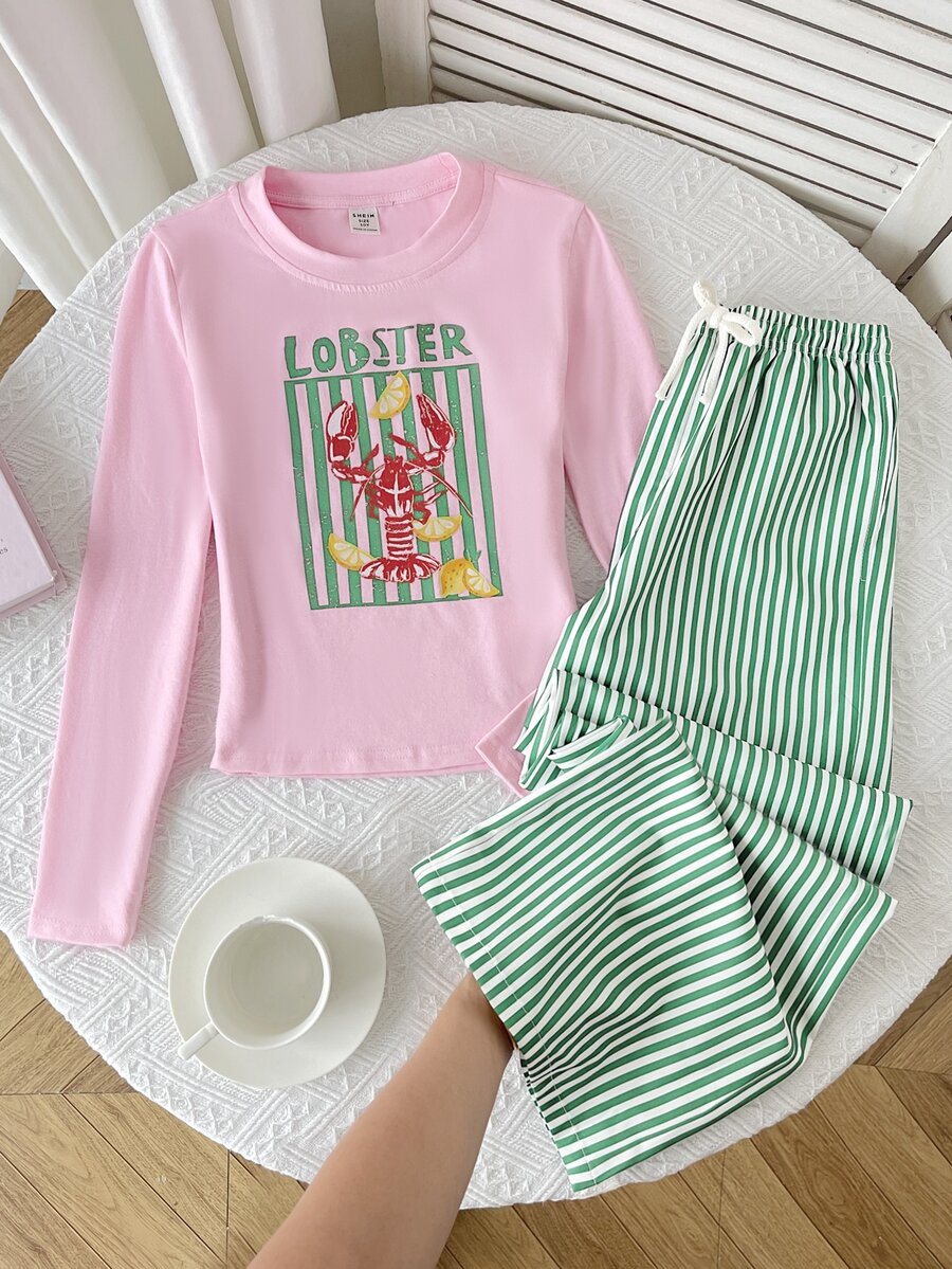 SHEIN 青少年女孩秋冬休閒兩件套,圓領長袖龍蝦與檸檬印花修身上衣搭配條紋印花長褲,日常穿著 - 粉色 - 查看 1