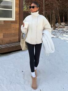 Muchica Off-White 女款編織冬季保暖外套，加厚款，適合秋冬新年日常外出與夜店，極簡休閒風 - 杏色 - 查看 4