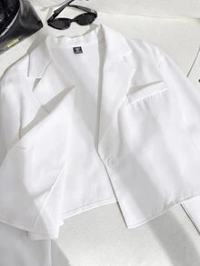 SHEIN EZwear Plus Size Casual Versatile White Cropped Thin Blazer Fall - White - View 14
