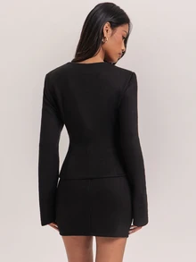 SHEIN BAE Women's Solid Color Long Sleeve Blazer And Mini Skirt Suit Set - Black - View 2