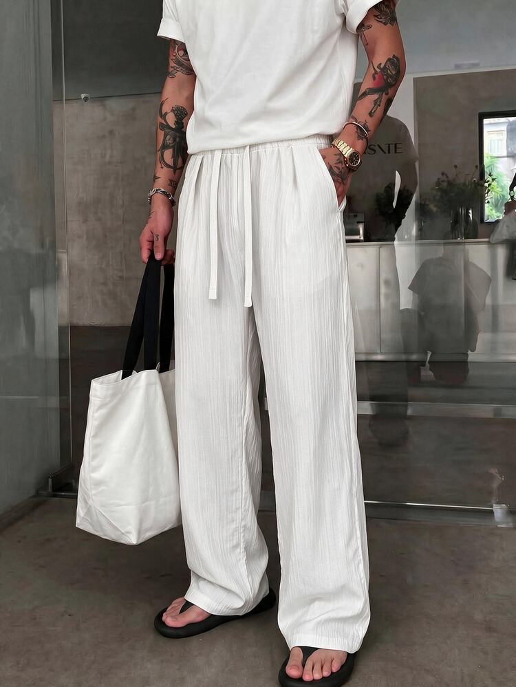 STEELVANCE Men's Solid Color Drawstring Waist Casual Versatile Daily Wear Long Pants - White - View 4