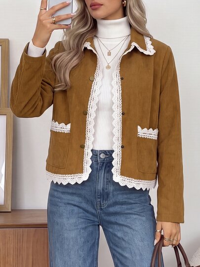 Easowa Casual Women's Autumn/Winter Lace Patchwork Corduroy Long Sleeve Jacket