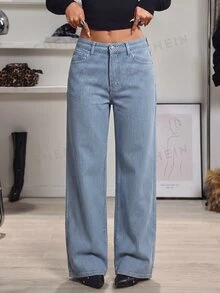 SHEIN Tall 女款鈕扣口袋水洗直筒牛仔褲 - 彩色 - 查看 1