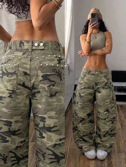 StreetHx High Street Vintage Camouflage Print Banana Curved Leg High Waist Metal Rivet Design Loose Drape Casual Versatile Denim Jeans Going Out Night Out
