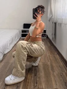 StreetHx Y2K Streetwear 2000s Grunge Vintage Washed Distressed Denim Wide Leg Pants NY Letter Patch Graphic Print Casual Going Out Brown Summer - Khaki - View 6