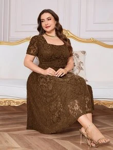 SHEIN Clasi 大尺碼女款方領時尚派對洋裝 - 咖啡棕 - 查看 10