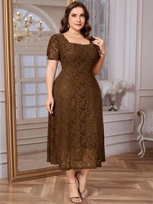 SHEIN Clasi 大尺碼女款方領時尚派對洋裝 - 咖啡棕 - 查看 8