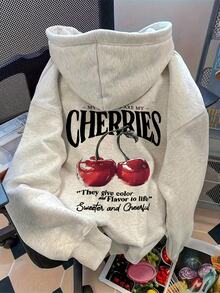 EMERY ROSE Plus-Size Women's Casual Sweatshirt With Front And Back Cherry Print - Light Grey - View 3