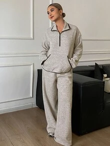 DAZY 女款拼色寬鬆上衣與長褲休閒兩件套 秋季居家機場風 灰色 - 卡其色 - 查看 6