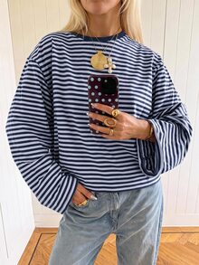 SHEIN EZwear 海外長袖海軍藍與淺藍條紋襯衫，秋季上衣，適合日常通勤、聚會、秋冬春夏、聖誕節、新年、感恩節、派對、婚禮、海灘、畢業典禮、優雅、外出、約會、通勤、情人節、優雅、度假、Y2K、畢業典禮等場合 - 彩色 - 查看 4