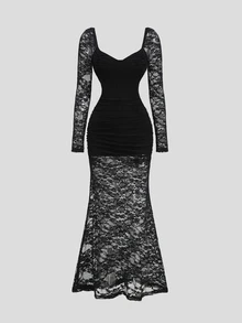Sweetra Y2K Sexy Lace Elegant Party Commute Long Dress - Black - View 4