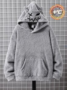 SHEIN 兒童青少年男孩休閒灰色毛絨連帽衛衣，惡魔臉圖案，適合秋冬返校季 - 灰色 - 查看 3