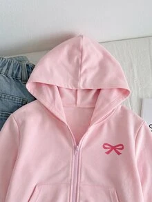 SHEIN 少女寬鬆休閒極簡舒適日常街頭風連帽修身口袋前開襟拉鍊短版長袖運動外套 白色返校穿搭 - 粉色 - 查看 4
