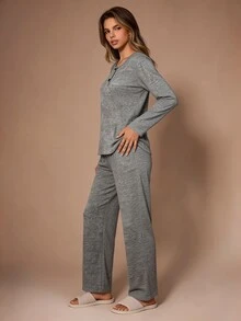 SHEIN Women's Casual Knit Henley Neck Loungewear Pajama Set - Grey - View 6
