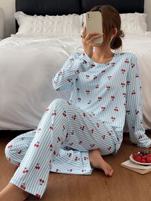 Napfluff 條紋櫻桃印花女款睡衣套裝 - 彩色 - 查看 4