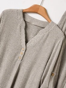 Rusticease Women's Autumn Casual Striped Shirt And Pants 2 Pieces Set - Khaki - View 5