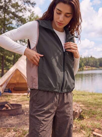 Exploreva Women's Colorblock Zipper Casual Daily Outdoor Vest Jacket