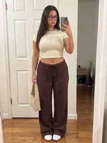 Comfortcana Autumn/Winter Black & White Striped Casual Versatile Drawstring Plus Size Pants - Brown - View 10