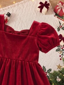 SHEIN 女嬰純色蝴蝶結裝飾休閒日常夏季洋裝 - 紅色 - 查看 5